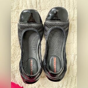 Prada Black Mesh Ballet Flats Patent Toe Designer Shoes